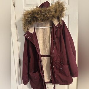 H&M Maroon Utility Jacket with Faux Fur Trim